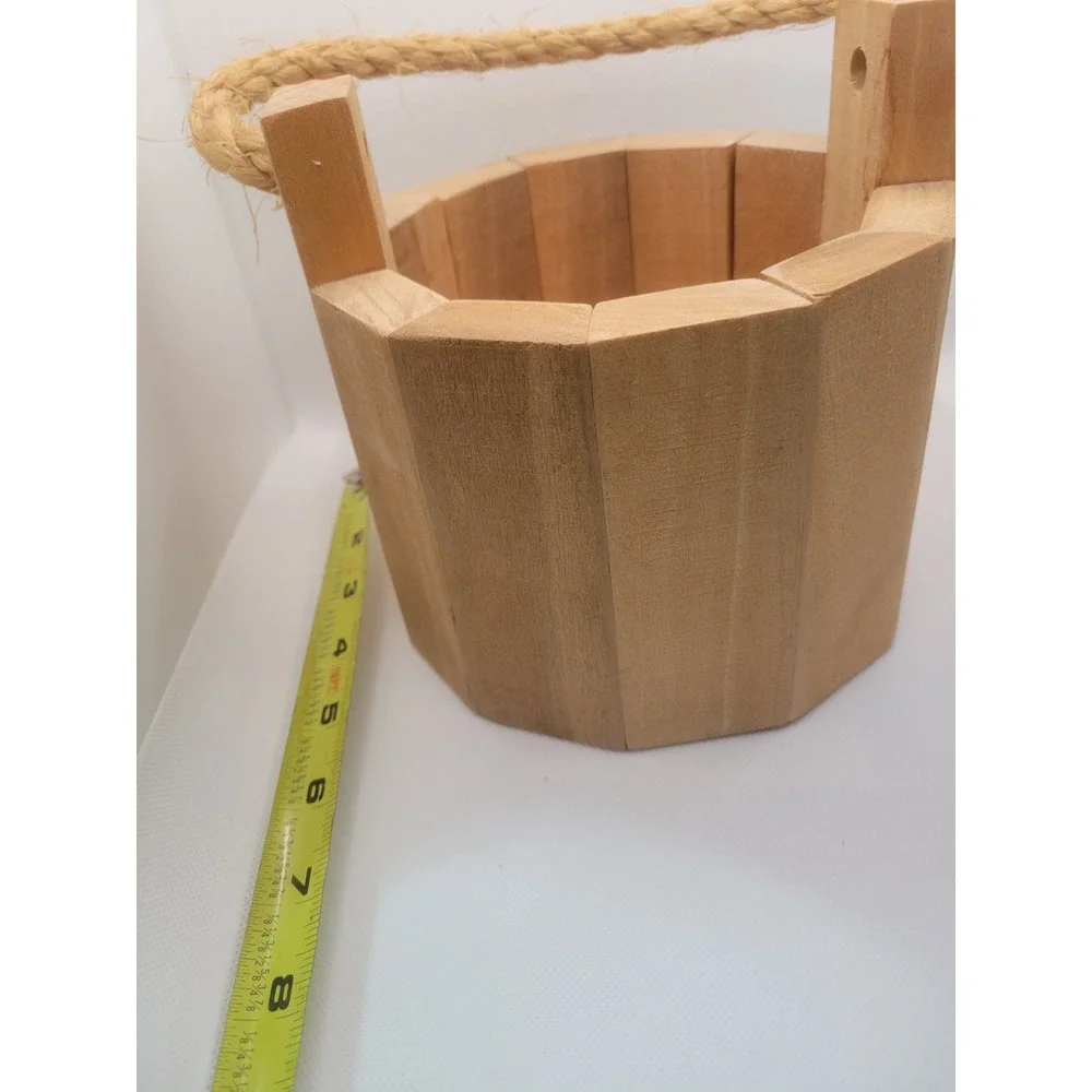 Rustic Wooden Bucket Planter with Jute Rope Handle Natural Farmhouse Decor 7.5in